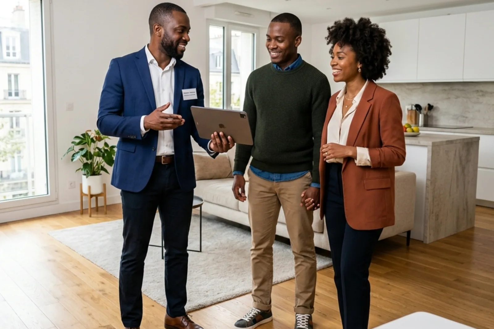Agent immobilier montrant l'application Danaya à un couple de locataires